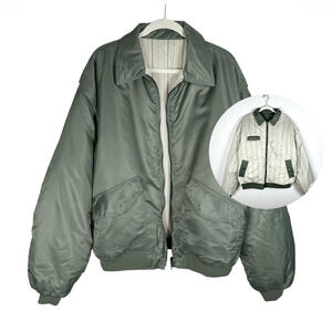 Topshop Reversible Nylon Bomber Jacket Green Khaki Striped Oversized Size M